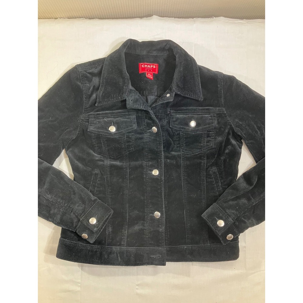 Chaps Denim Womens Black Corduroy Trucker Jacket Small Button Front Solid Cotton